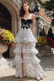 Tiered Strapless White Black Dots Ruffled Prom Dress