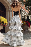 Tiered Strapless White Black Dots Ruffled Prom Dress