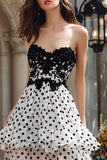Tiered Strapless White Black Dots Ruffled Prom Dress