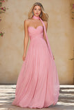 Pink A Line Neck Scarf Strapless Prom Dress
