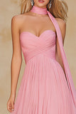 Pink A Line Neck Scarf Strapless Prom Dress