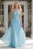 Sky Blue Halter Ruched Long Prom Dress