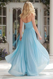 Sky Blue Halter Ruched Long Prom Dress