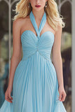 Sky Blue Halter Ruched Long Prom Dress