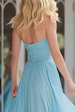 Sky Blue Halter Ruched Long Prom Dress