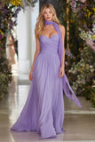 Lilac Neck Scarf Strapless A Line Prom Dress