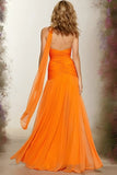 Orange Strapless A Line Ruched Neck Scarf Prom Dress