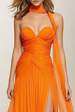 Orange Strapless A Line Ruched Neck Scarf Prom Dress