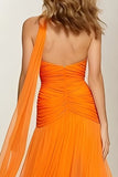 Orange Strapless A Line Ruched Neck Scarf Prom Dress