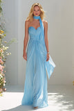Strapless Ruched A Line Sky Blue Prom Dress