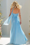 Strapless Ruched A Line Sky Blue Prom Dress
