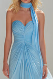 Strapless Ruched A Line Sky Blue Prom Dress