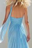 Strapless Ruched A Line Sky Blue Prom Dress