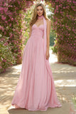 Strapless A Line Pink Prom Dress with Neck Scarf
