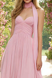 Strapless A Line Pink Prom Dress with Neck Scarf