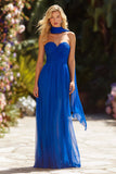 Strapless Neck Scarf Royal Blue Ruched Prom Dress