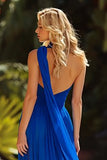 Strapless Neck Scarf Royal Blue Ruched Prom Dress