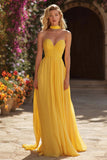 Yellow Strapless Neck Scarf Pleated Prom Dress
