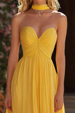 Yellow Strapless Neck Scarf Pleated Prom Dress