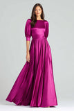 Half Sleeve Fuchsia Bateau Neck A Line Formal Dress