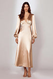 Long Sleeve Champagne V Neck A Line Formal Dress