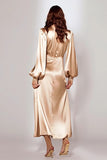 Long Sleeve Champagne V Neck A Line Formal Dress