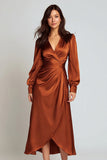 Rust Long Sleeve Satin Ruched A Line Formal Dress
