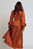 Rust Long Sleeve Satin Ruched A Line Formal Dress