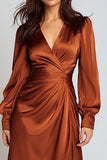 Rust Long Sleeve Satin Ruched A Line Formal Dress