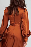 Rust Long Sleeve Satin Ruched A Line Formal Dress