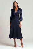 Navy Long Sleeve Ruched A Line Midi Formal Dress