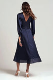Navy Long Sleeve Ruched A Line Midi Formal Dress
