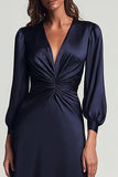 Navy Long Sleeve Ruched A Line Midi Formal Dress