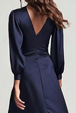 Navy Long Sleeve Ruched A Line Midi Formal Dress