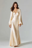 Champagne Long Sleeve Mermaid Satin Formal Dress