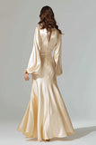 Champagne Long Sleeve Mermaid Satin Formal Dress
