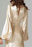 Champagne Long Sleeve Mermaid Satin Formal Dress