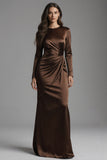 Coffee Round Neck Ruched Satin Formal Dress