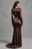 Coffee Round Neck Ruched Satin Formal Dress