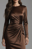 Coffee Round Neck Ruched Satin Formal Dress