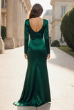 Dark Green Satin Ruched Long Sleeve Formal Dress