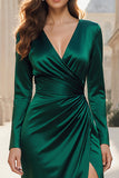 Dark Green Satin Ruched Long Sleeve Formal Dress