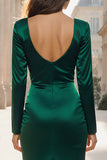 Dark Green Satin Ruched Long Sleeve Formal Dress