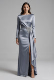Dusty Blue Bateau Neck Appliqued Satin Formal Dress