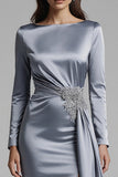 Dusty Blue Bateau Neck Appliqued Satin Formal Dress