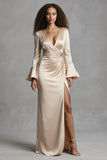 Long Sleeve Champagne Mermaid Ruched Formal Dress