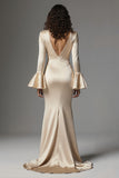 Long Sleeve Champagne Mermaid Ruched Formal Dress