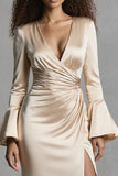 Long Sleeve Champagne Mermaid Ruched Formal Dress