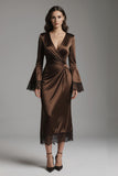 Long Sleeve Ruched Coffee Midi Formal Dress with Lace