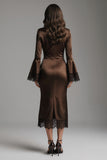 Long Sleeve Ruched Coffee Midi Formal Dress with Lace